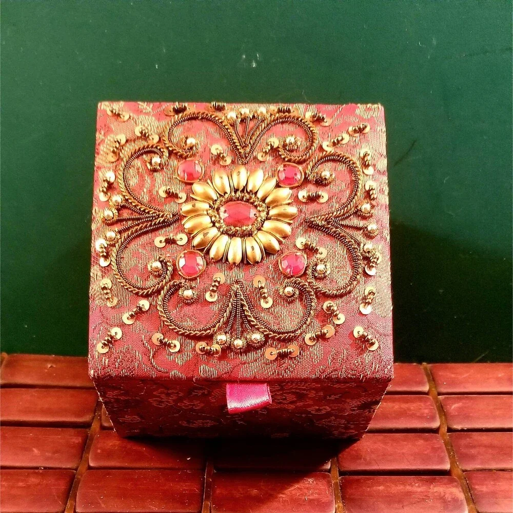 Jeweled & Embellished Red Silk Brocade Jewelry Trinket Box 4